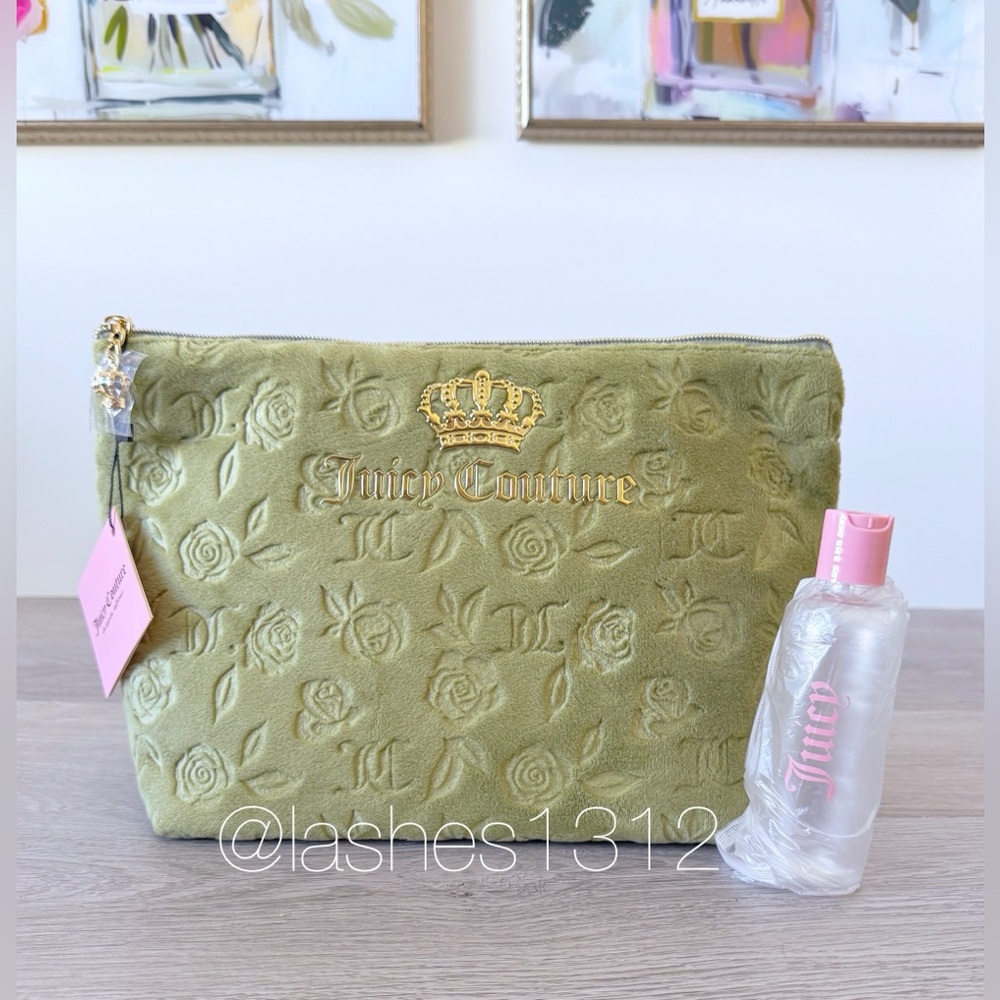 JUICY COUTURE Cosmetic Travel Makeup Bag Pouch - Green Velour Floral Print
